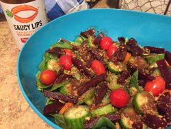 Salad with Saucy Lips Peppery Strawberry Sauce